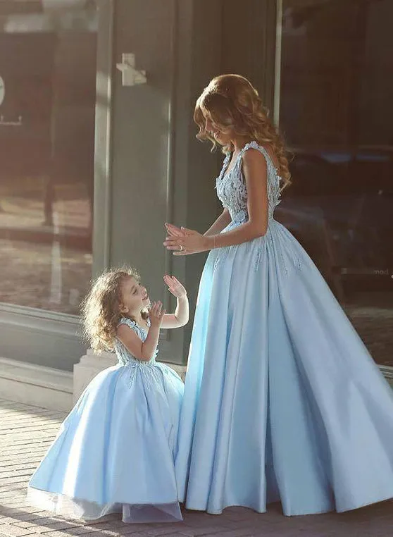 Blue Satin Lace Ball Gown Flower Girl Dresses, FGS054