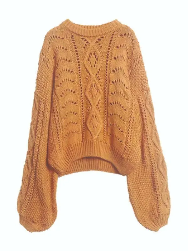 Bohemian Sweater "Allison" Balloon Sleeve Golden Camel Brown Cable Knit Lantern Sleeve Jumper One Size