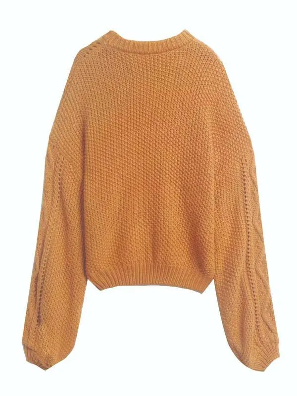 Bohemian Sweater "Allison" Balloon Sleeve Golden Camel Brown Cable Knit Lantern Sleeve Jumper One Size