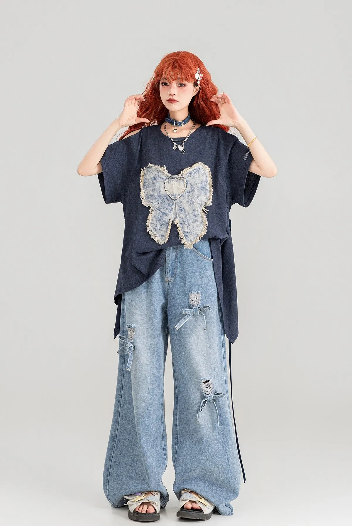 Bow Patch Short-sleeved T-shirt/Pleated Skirt KEI0092