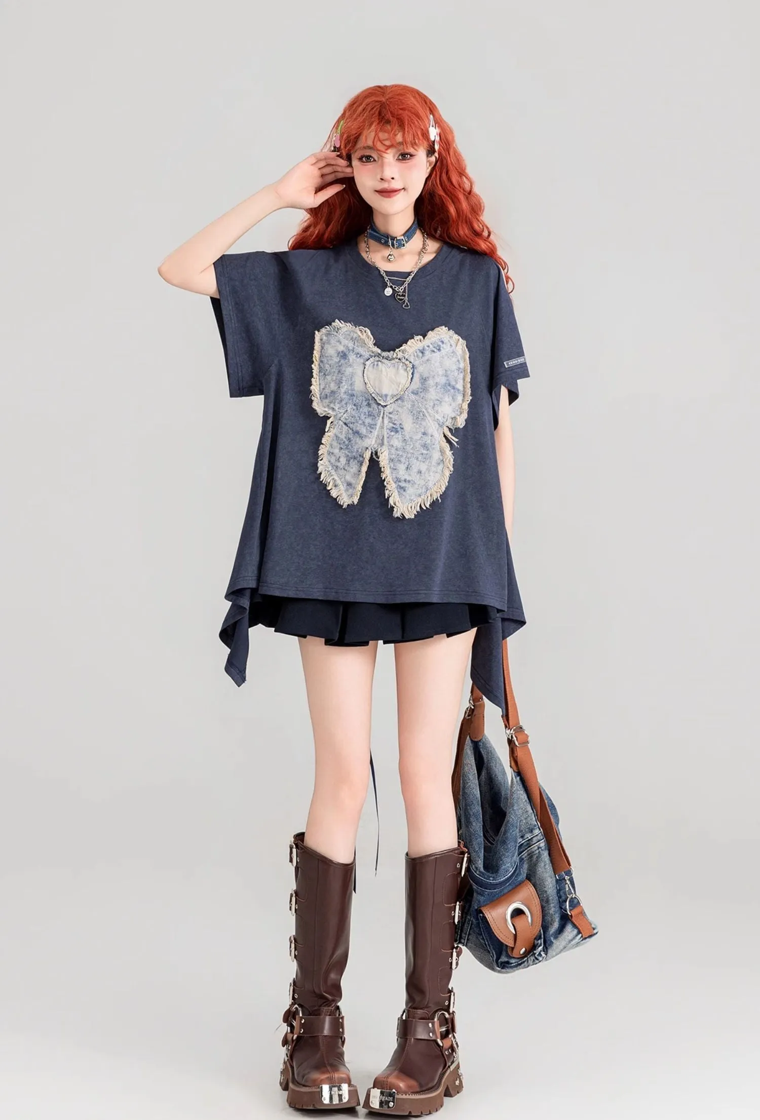 Bow Patch Short-sleeved T-shirt/Pleated Skirt KEI0092