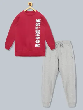 Boys Printed Round Neck Sweatshirt & Solid Fleece Track Pant Set