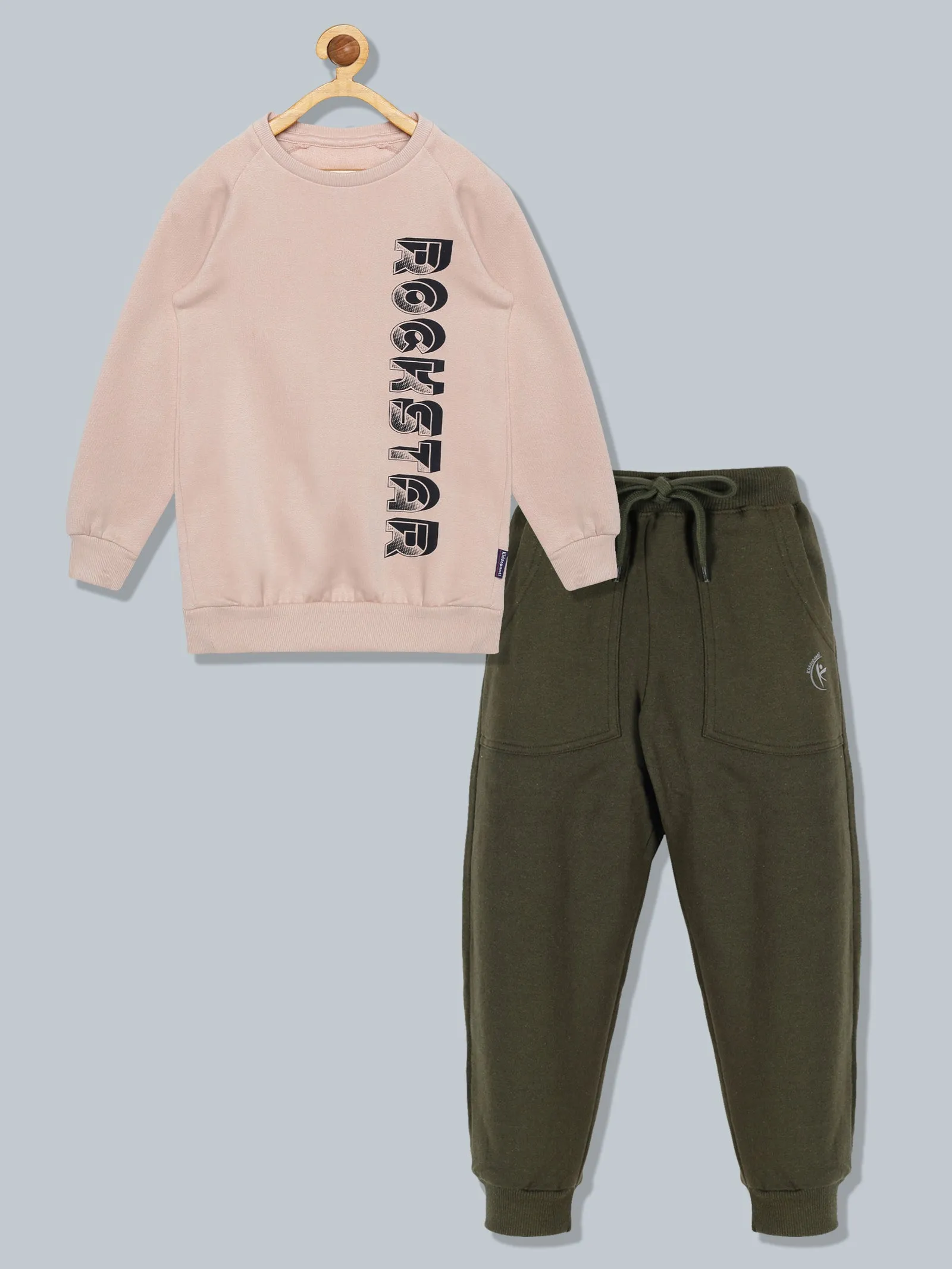 Boys Printed Round Neck Sweatshirt & Solid Fleece Track Pant Set