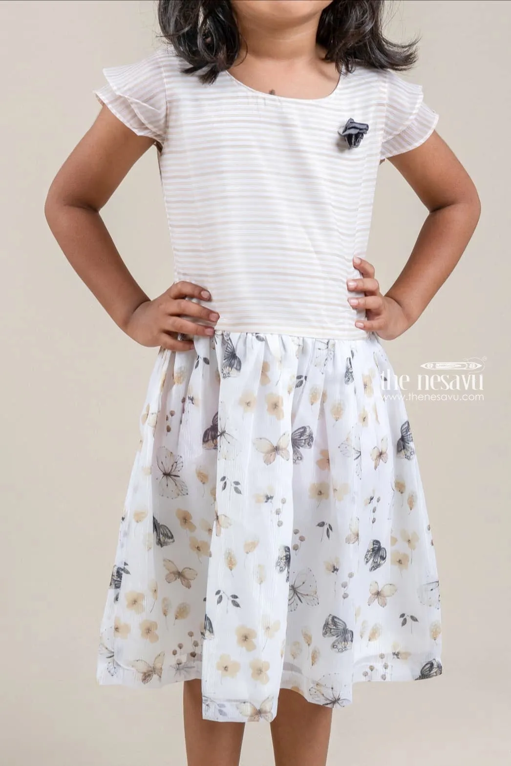 Brownish Striped Short Sleeve Yoke and Butterfly Print Chiffon White Skirt for Girls