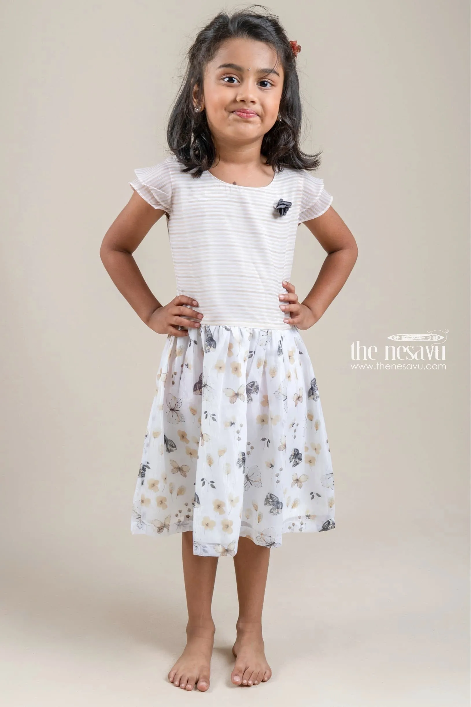 Brownish Striped Short Sleeve Yoke and Butterfly Print Chiffon White Skirt for Girls