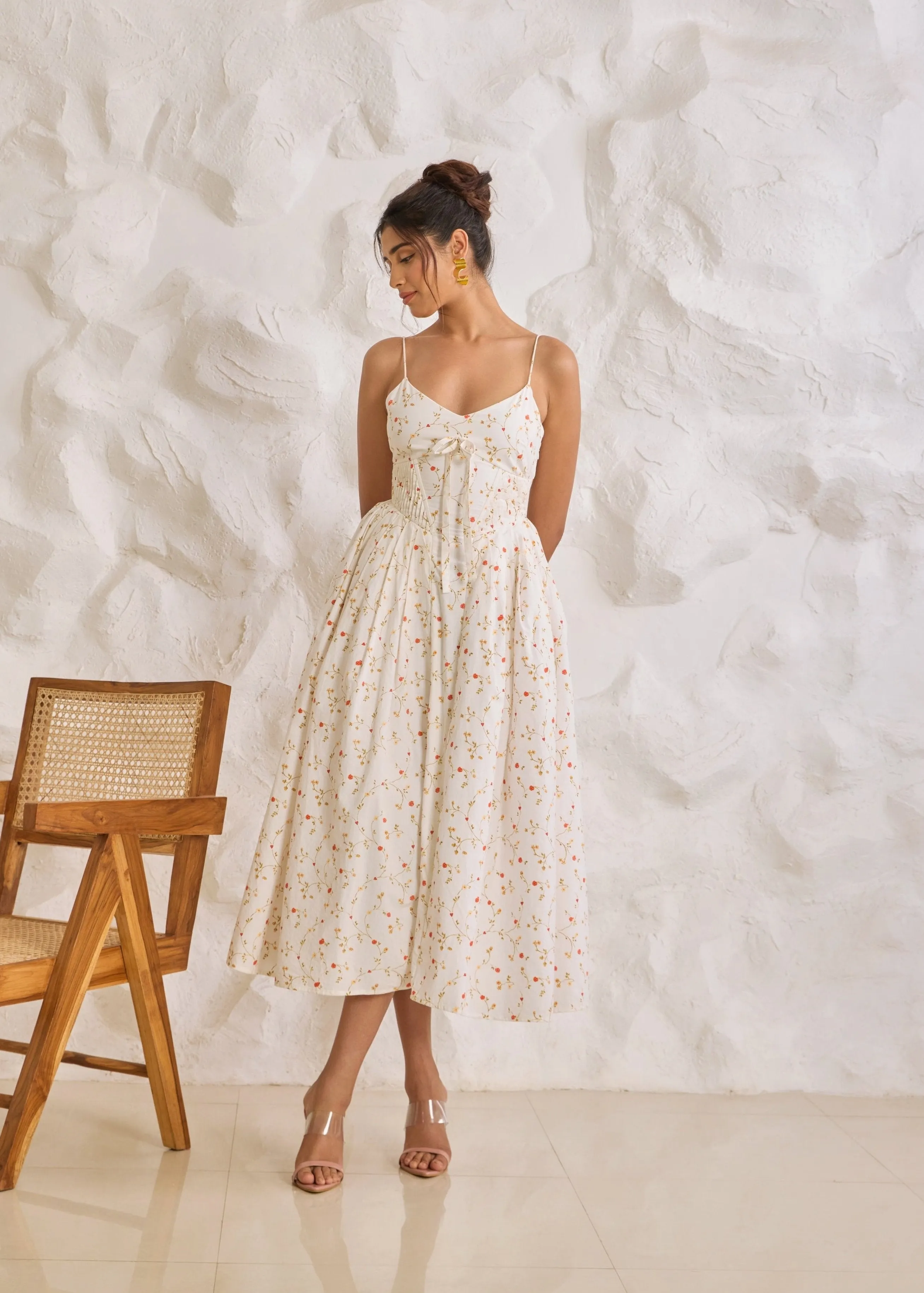 Brynlee White Floral Printed Corset Midi Dress