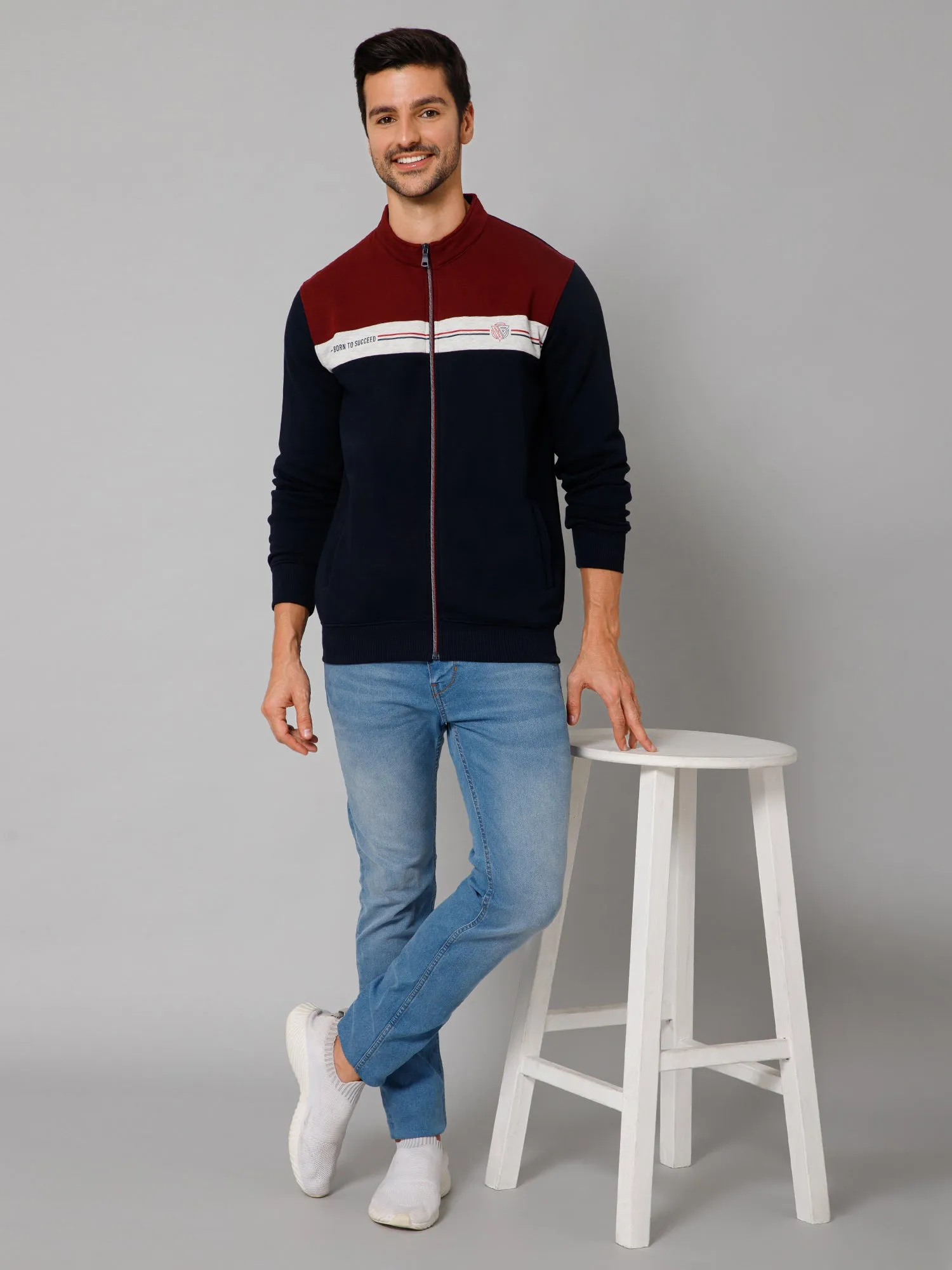 Cantabil Color Block Navy Blue Full Sleeves Band Collar Regular Fit Casual Sweatshirt for Men