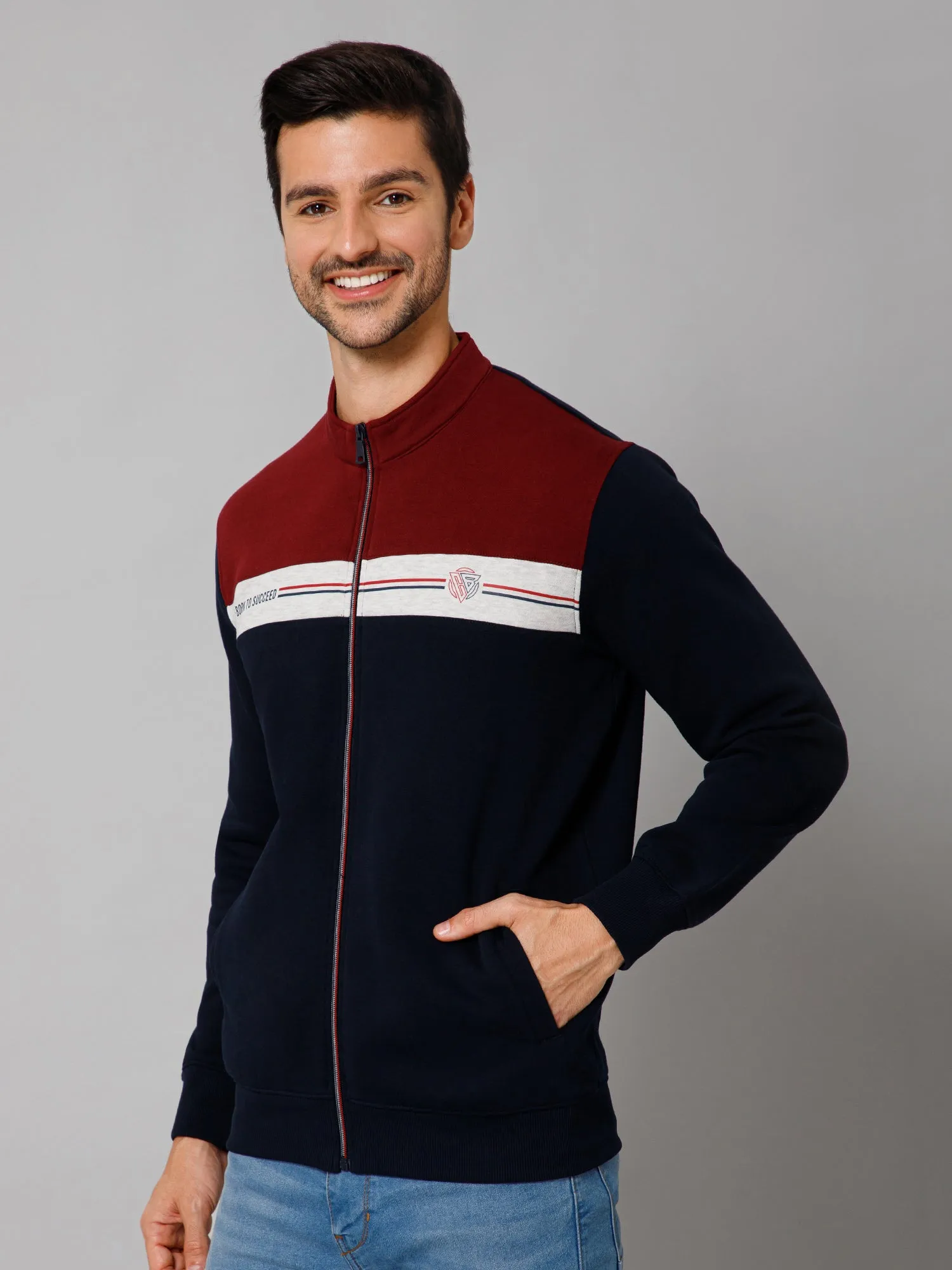 Cantabil Color Block Navy Blue Full Sleeves Band Collar Regular Fit Casual Sweatshirt for Men