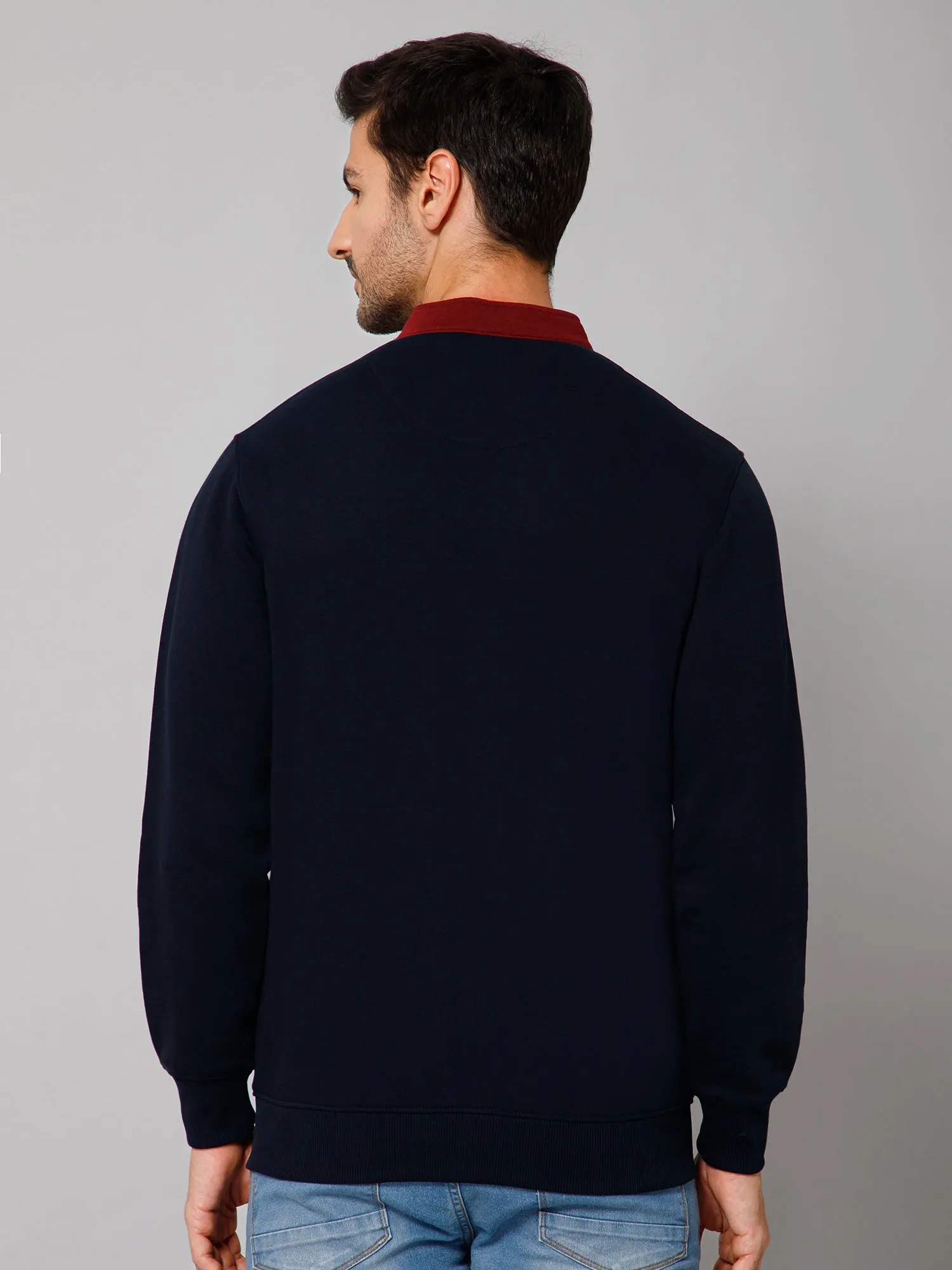 Cantabil Color Block Navy Blue Full Sleeves Band Collar Regular Fit Casual Sweatshirt for Men