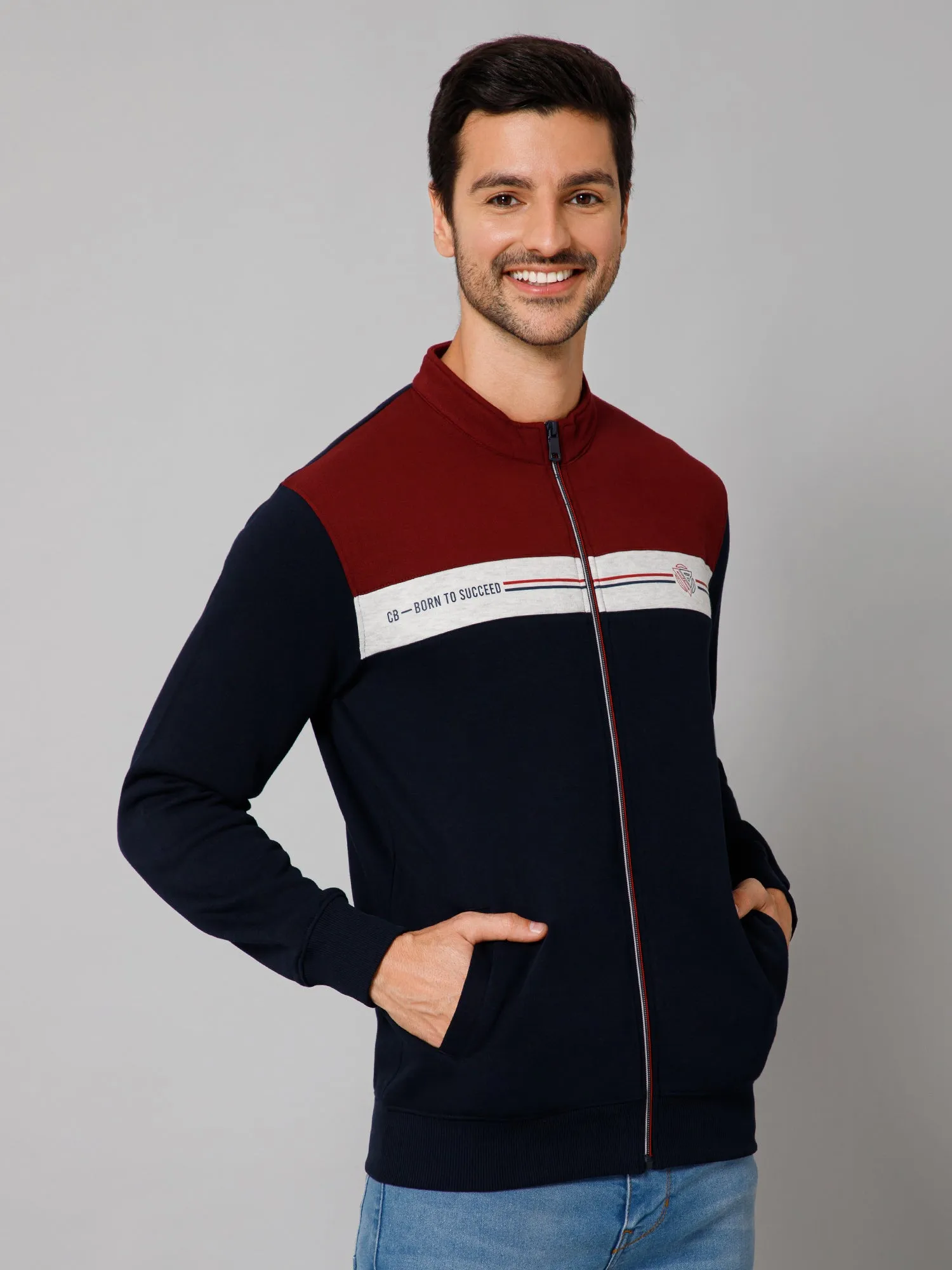 Cantabil Color Block Navy Blue Full Sleeves Band Collar Regular Fit Casual Sweatshirt for Men