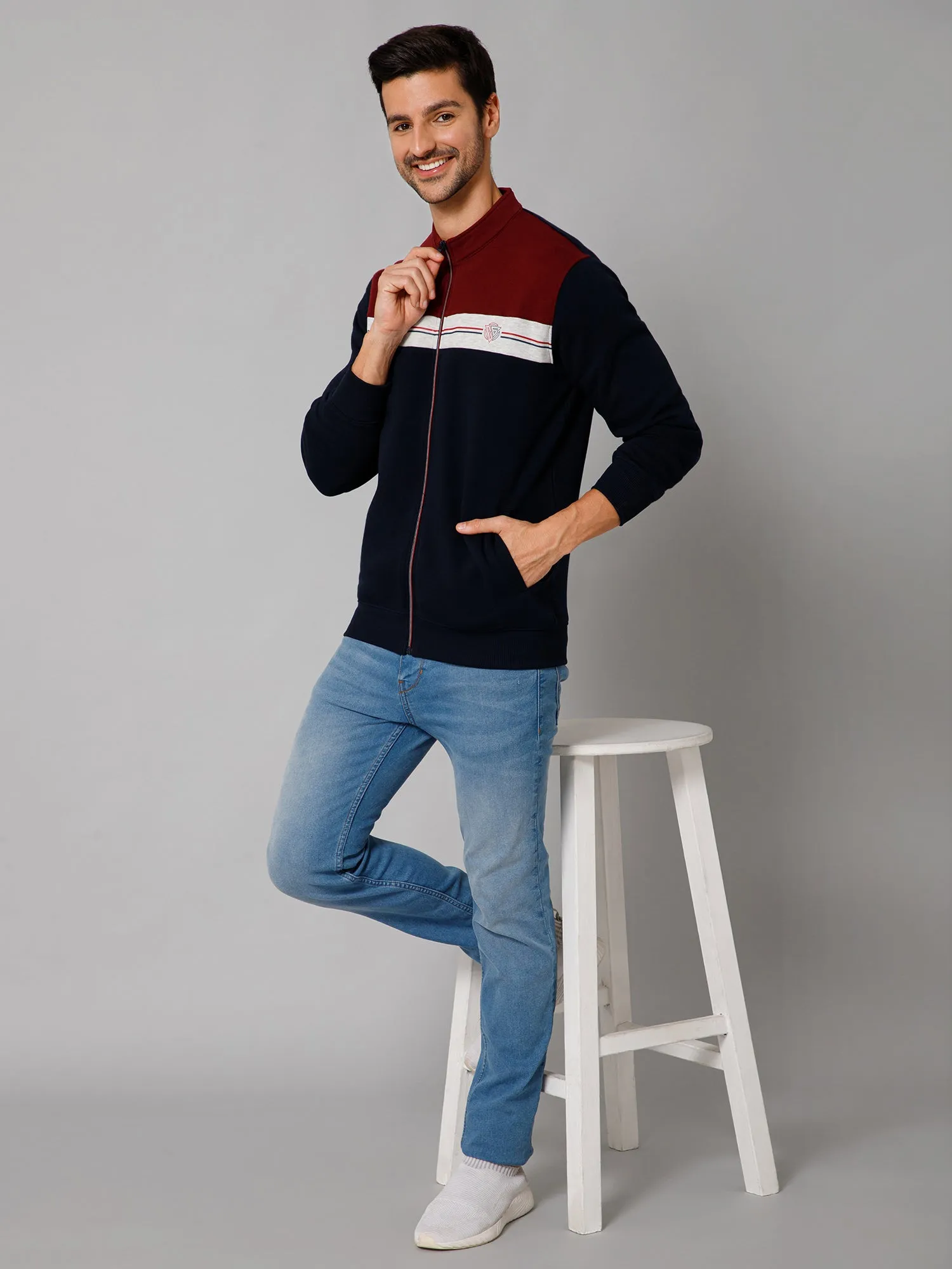 Cantabil Color Block Navy Blue Full Sleeves Band Collar Regular Fit Casual Sweatshirt for Men