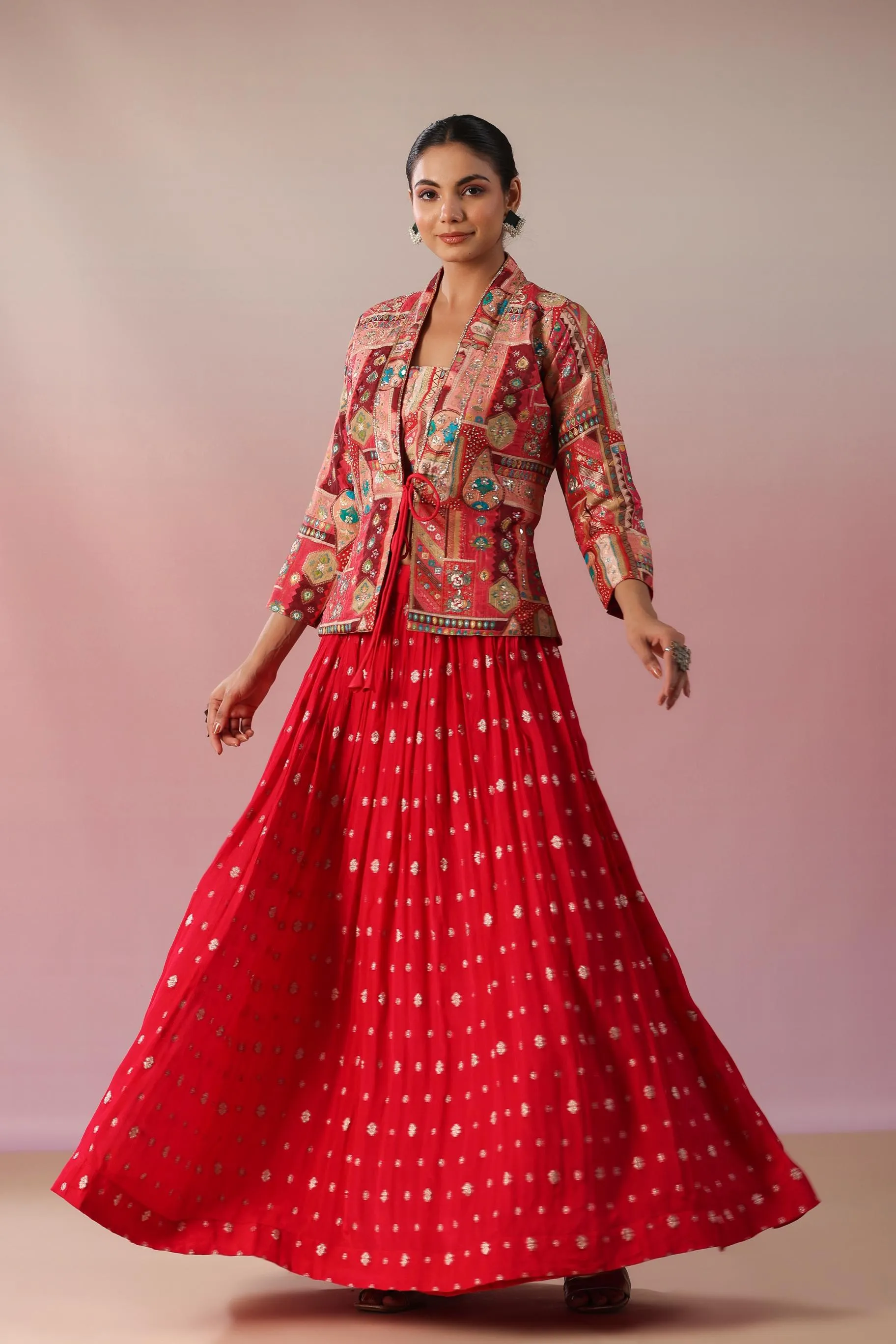 Cerise Pink Embroidered Chinon Silk Skirt Set