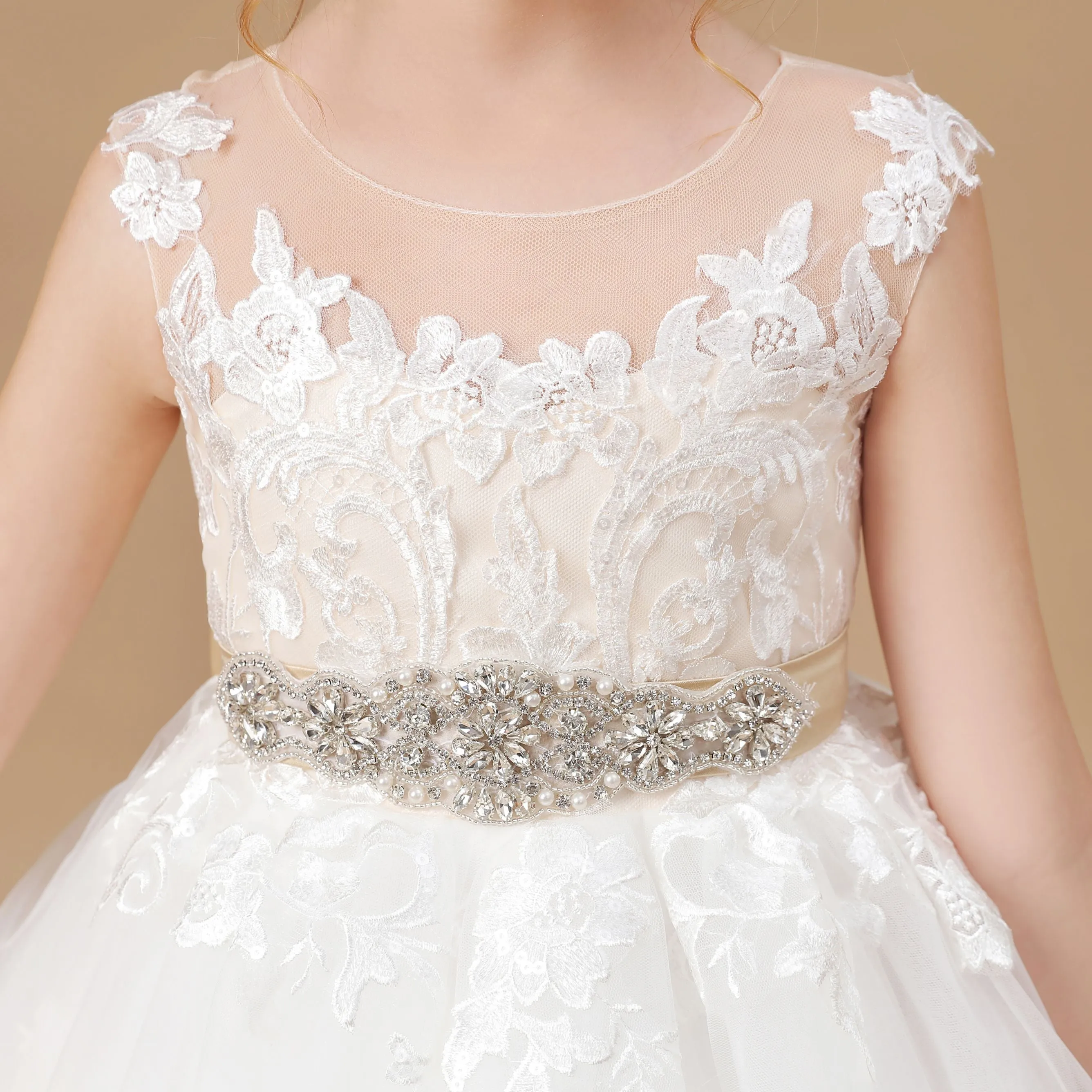 Champagne Bowknot Tulle Satin Ivory Sleeveless Flower Girl Dress