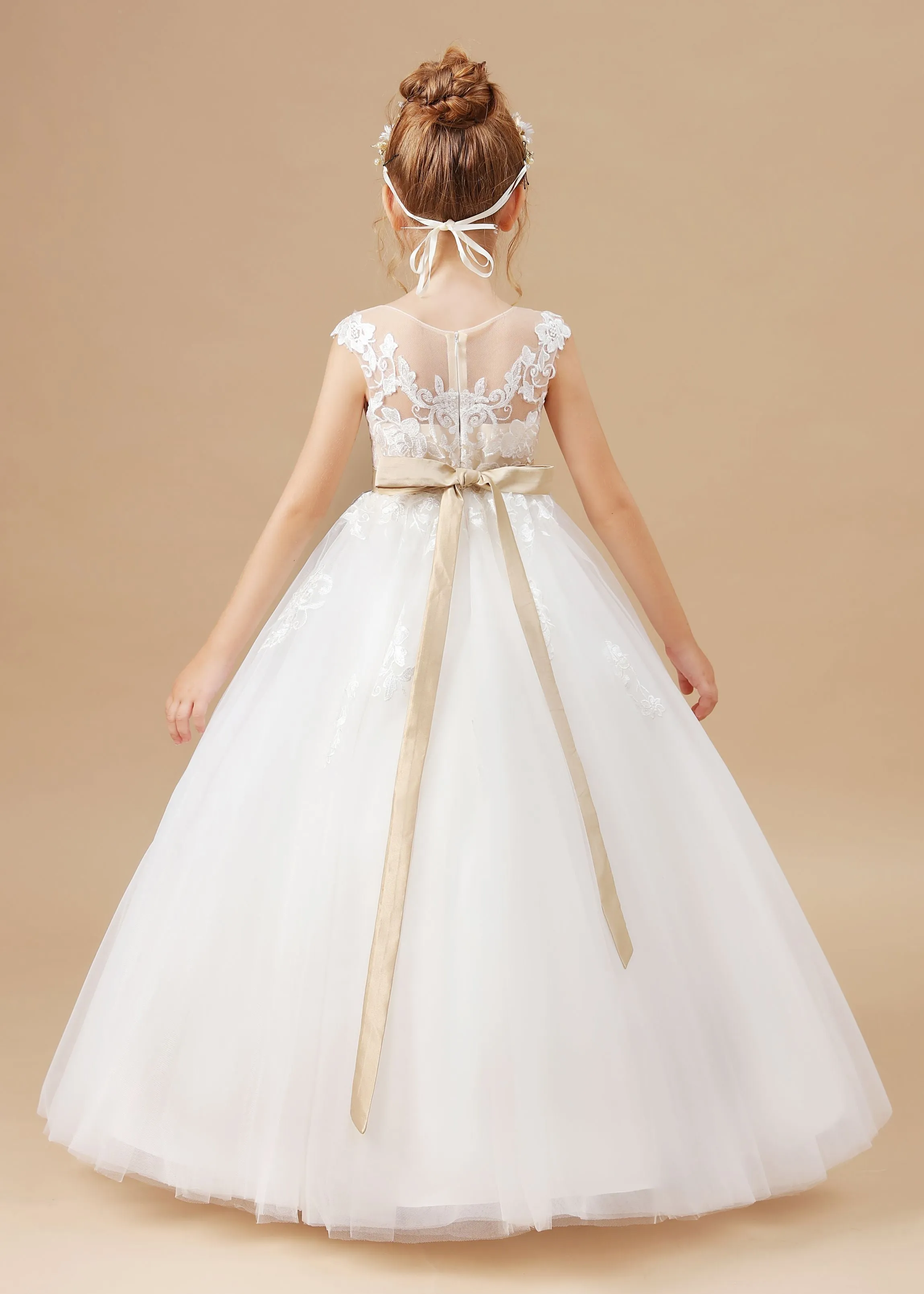 Champagne Bowknot Tulle Satin Ivory Sleeveless Flower Girl Dress