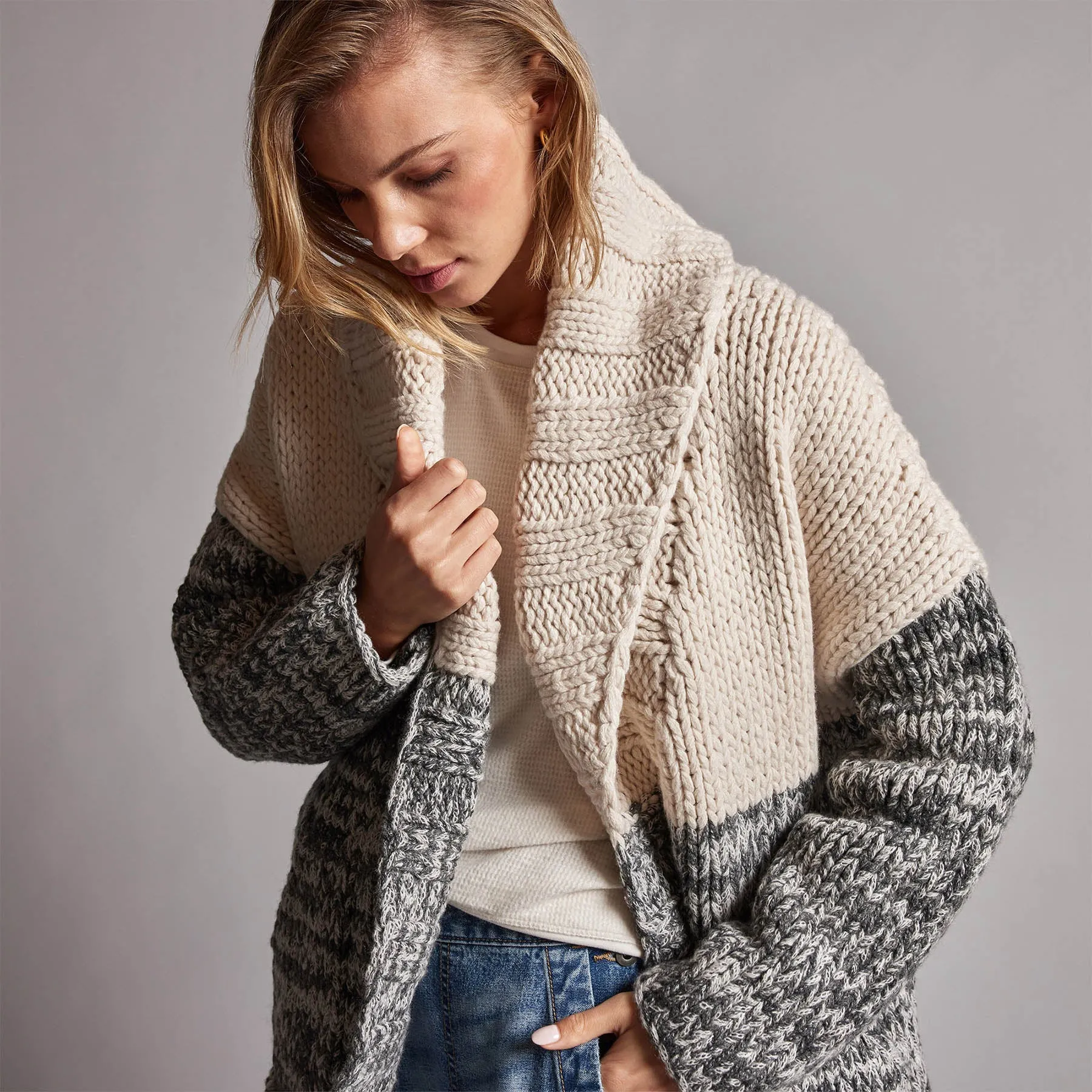 Chunky Knit Cardigan - Ivory/Grey Marl