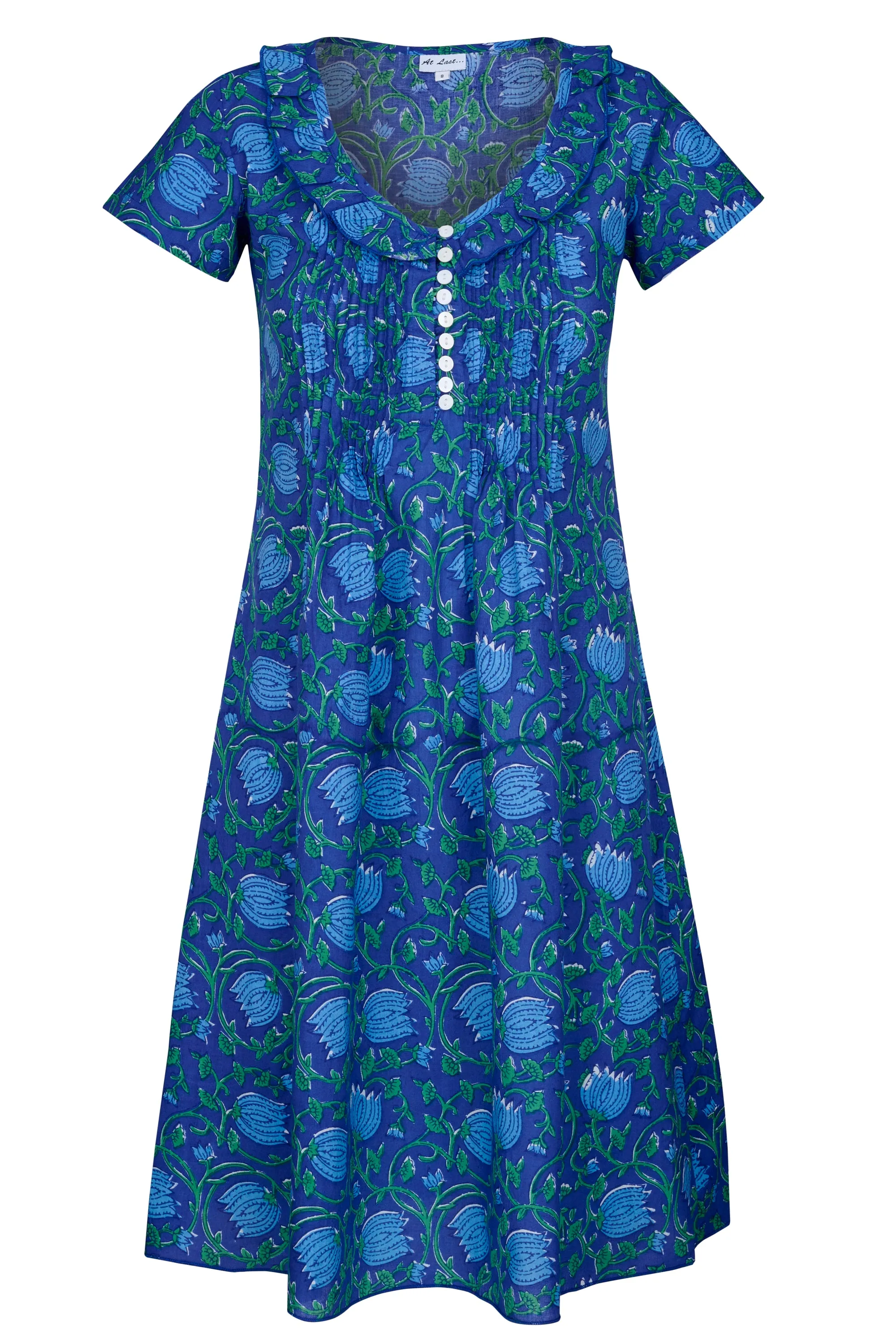 Cotton Karen Short Sleeve Day Dress in Royal Blue with Blue & Green Flower