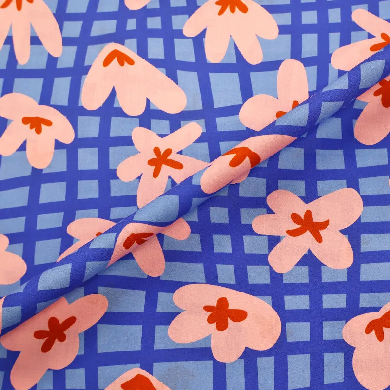 Cotton Poplin - Pink and Blue - Flower Trellis