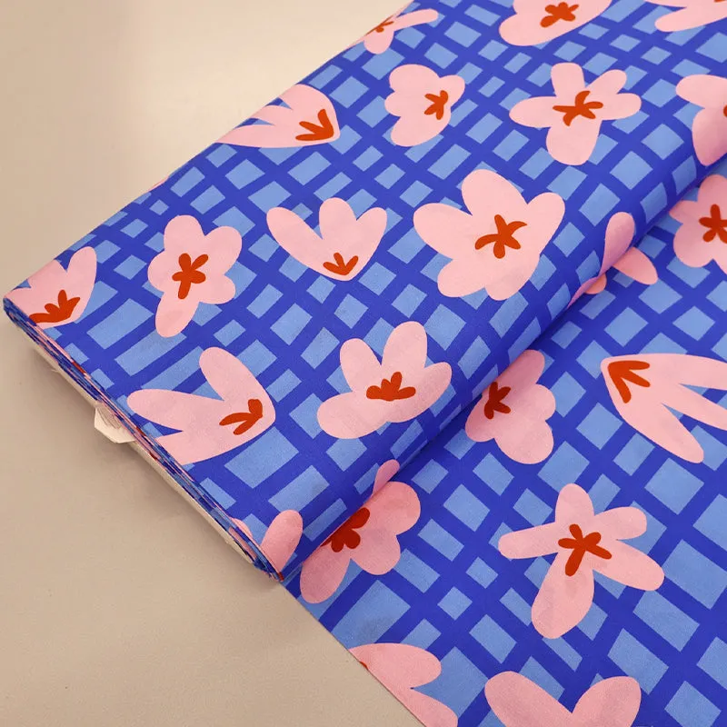 Cotton Poplin - Pink and Blue - Flower Trellis