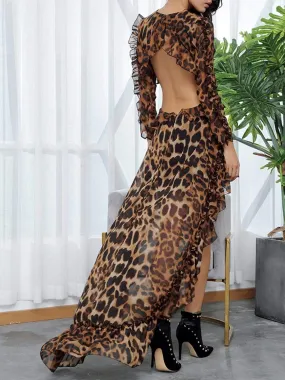 Cut-Out Open Leopard Chiffon Dress