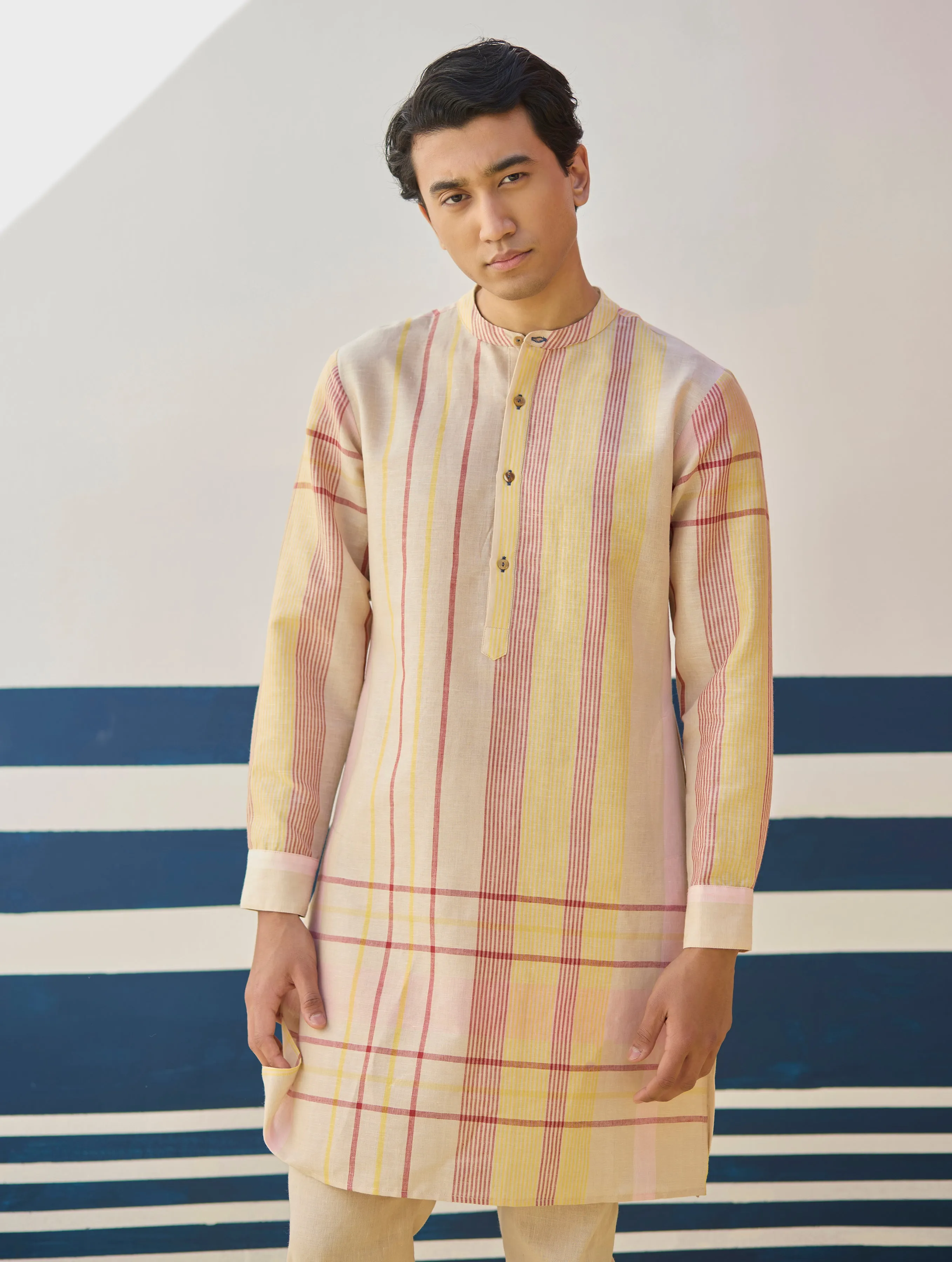 Dako Check Linen Kurta Set - Sand