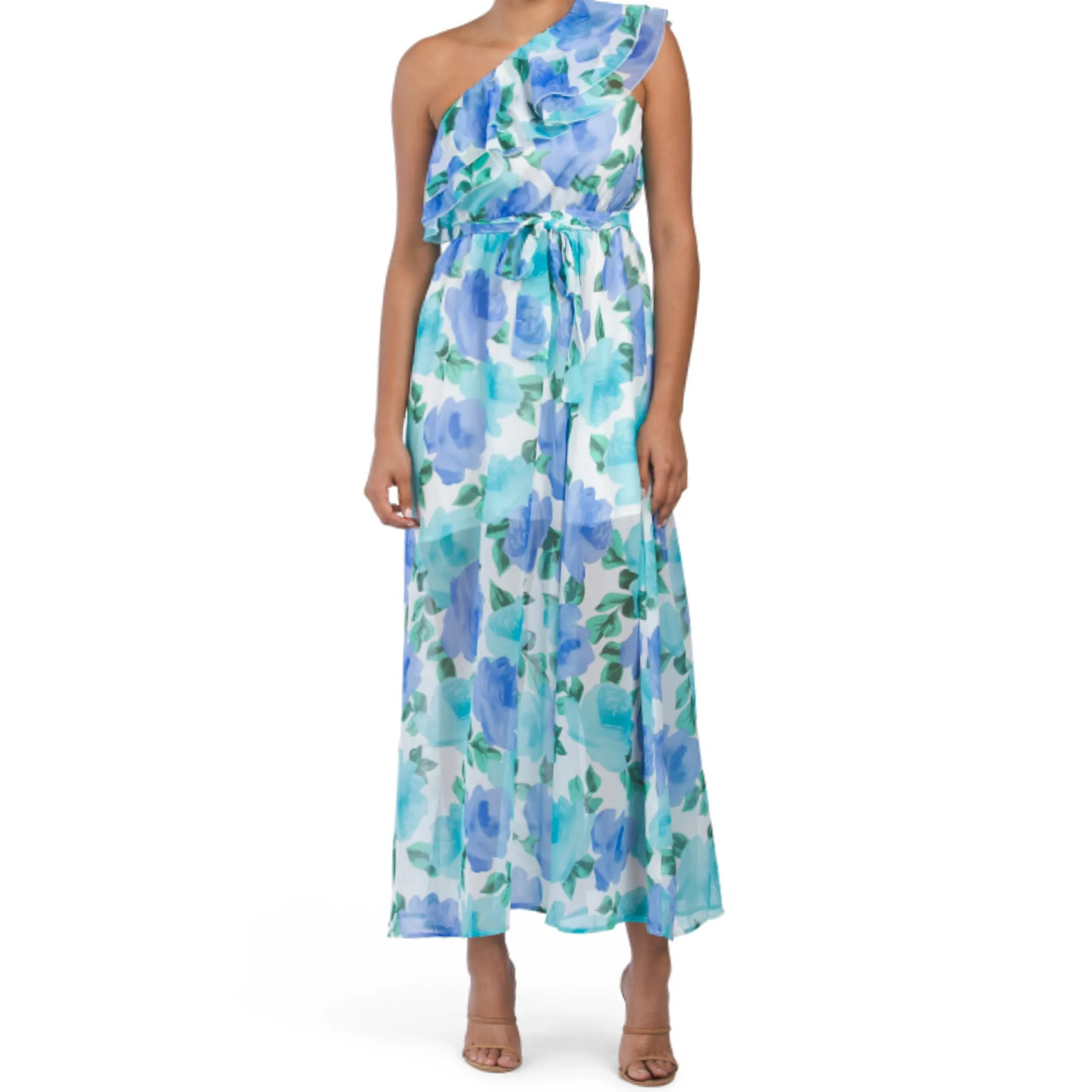 DALIA MACPHEE Women's Ruffle One Shoulder Floral Print Maxi Dress