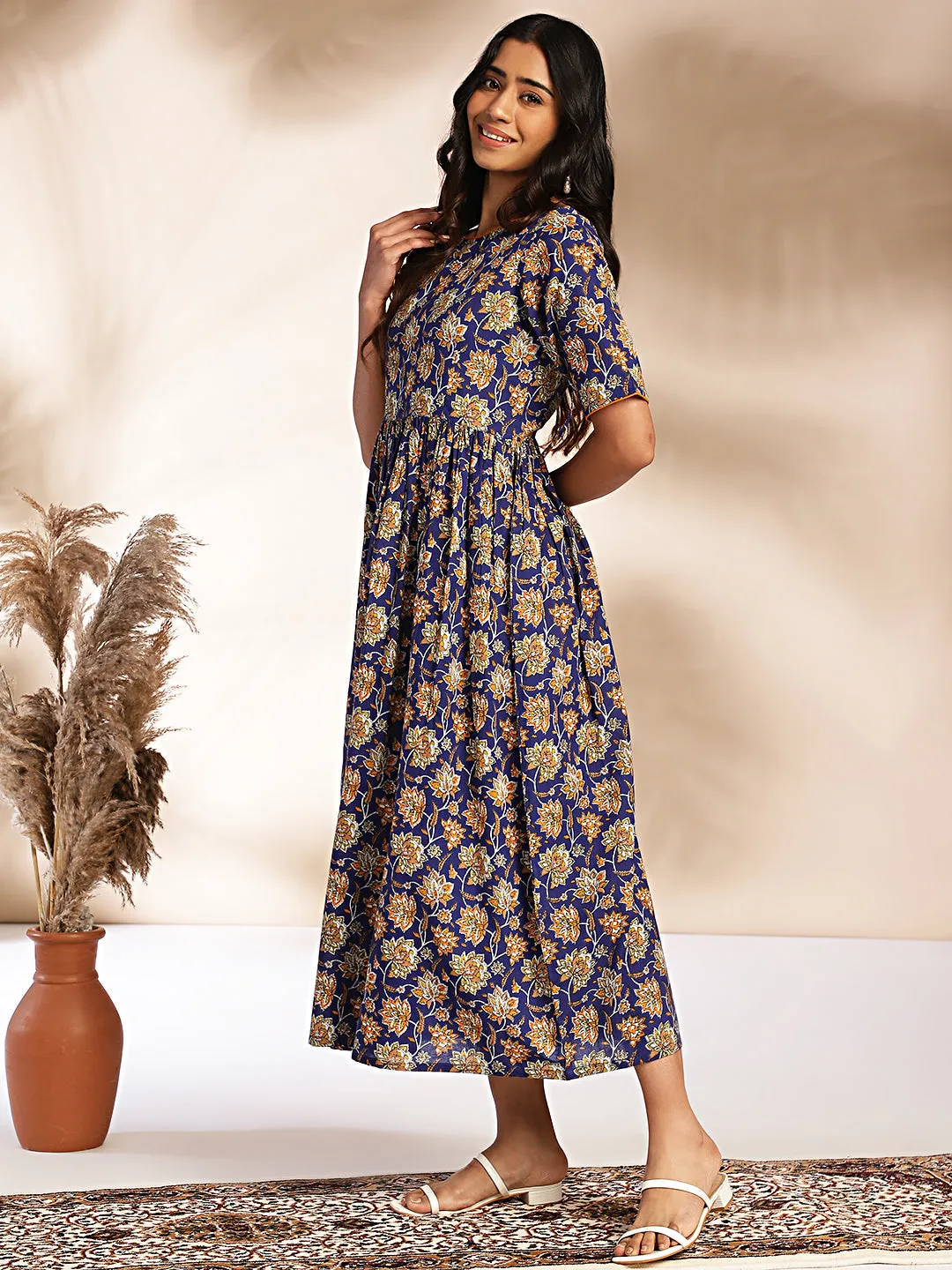 Dark Blue Cotton Floral Printed Gathered Maxi Dress