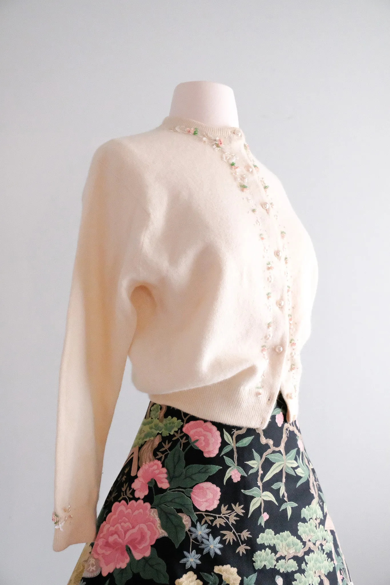 Darling 1950's Ivory Floral Beaded Cardigan Sweater/ Sz M