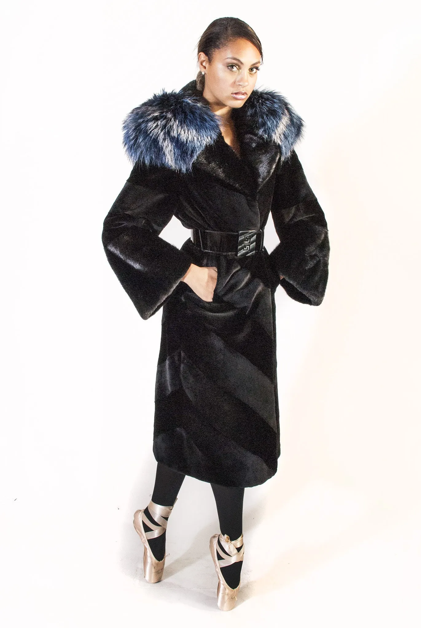 Diagonal Sheared Mink Full Length Coat with Blue Silver Fox Collar