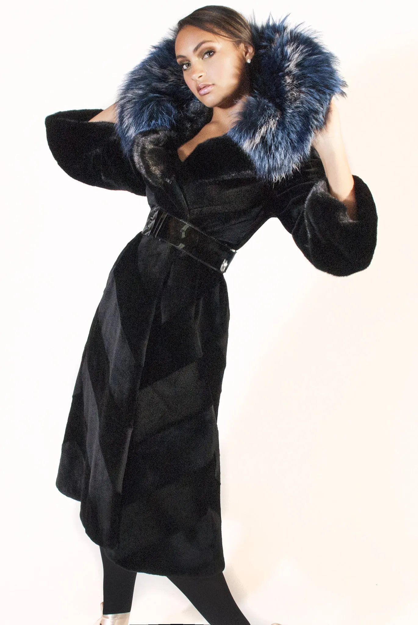 Diagonal Sheared Mink Full Length Coat with Blue Silver Fox Collar