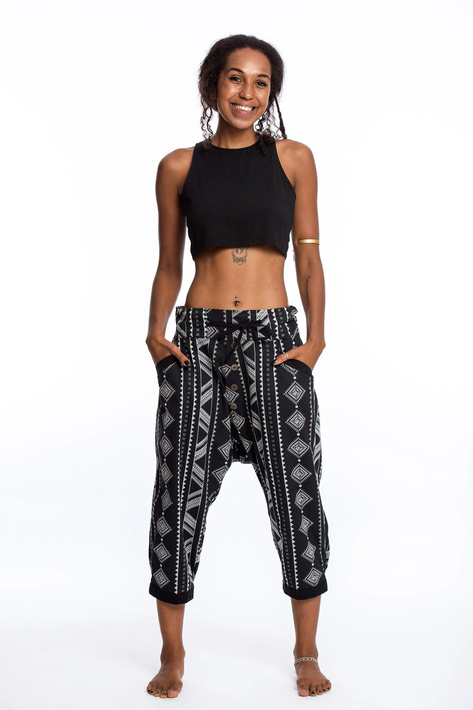 Diamonds Women's Harem Pants with Faux Buttons in Black