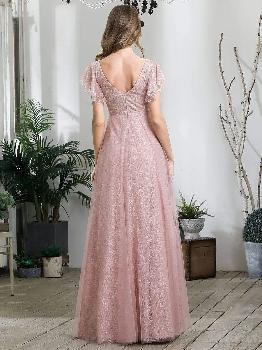 Double V Neck Long Lace Evening Dress with Ruffle Sleeves