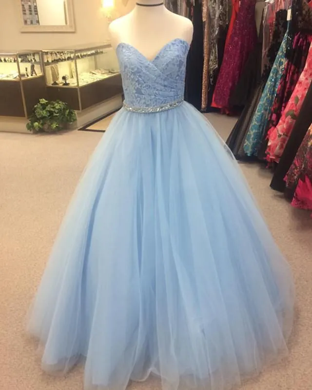 Elegant Lace Sweetheart Beaded Sashes Tulle Ball Gowns Quinceanera Dresses