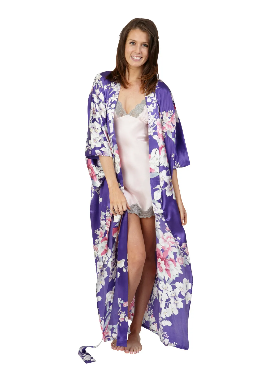 Elegant Orchids Long Silk Kimono