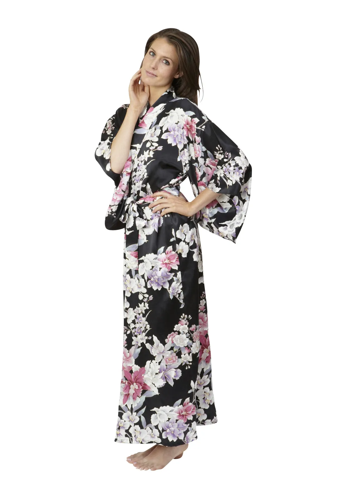 Elegant Orchids Long Silk Kimono