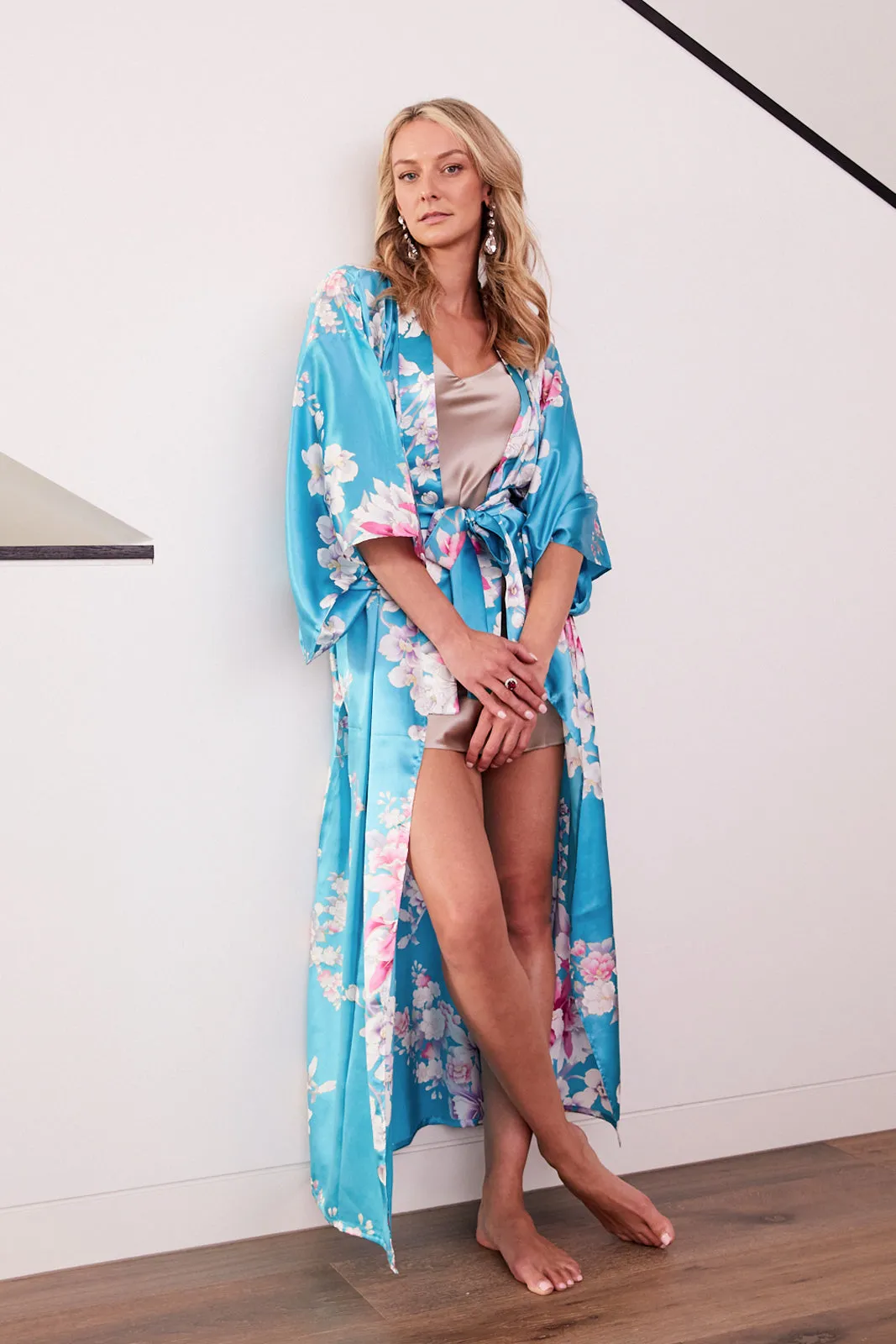 Elegant Orchids Long Silk Kimono