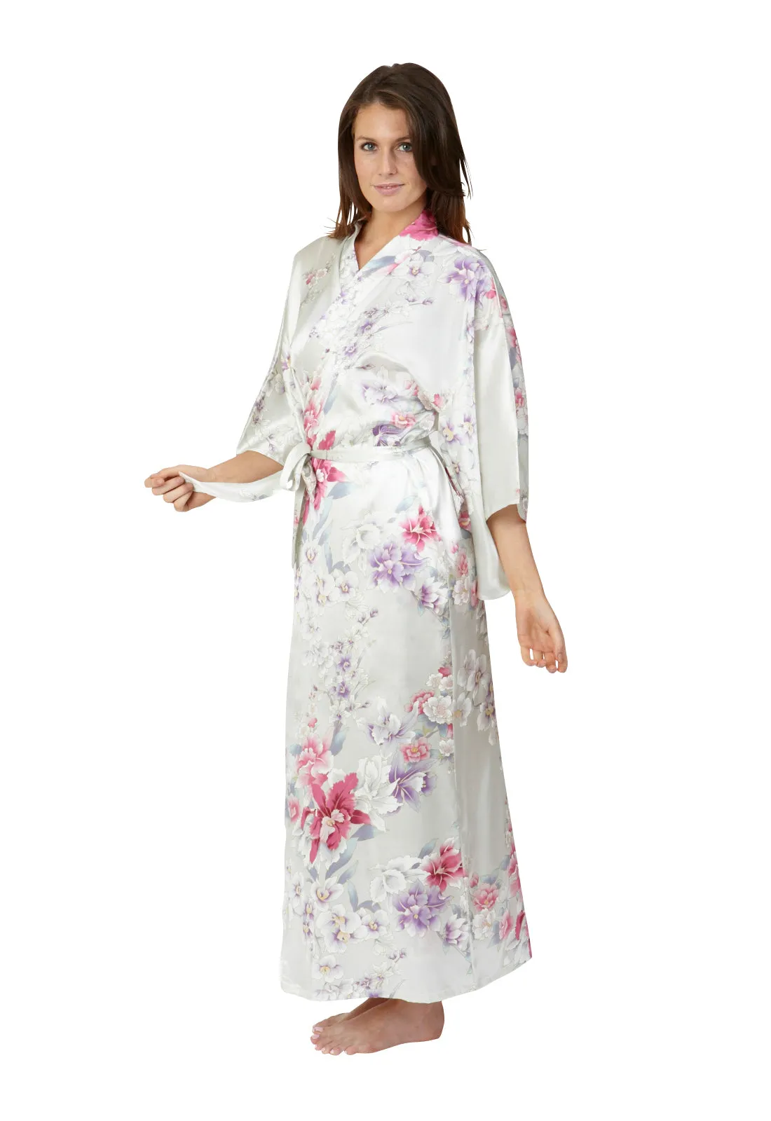 Elegant Orchids Long Silk Kimono