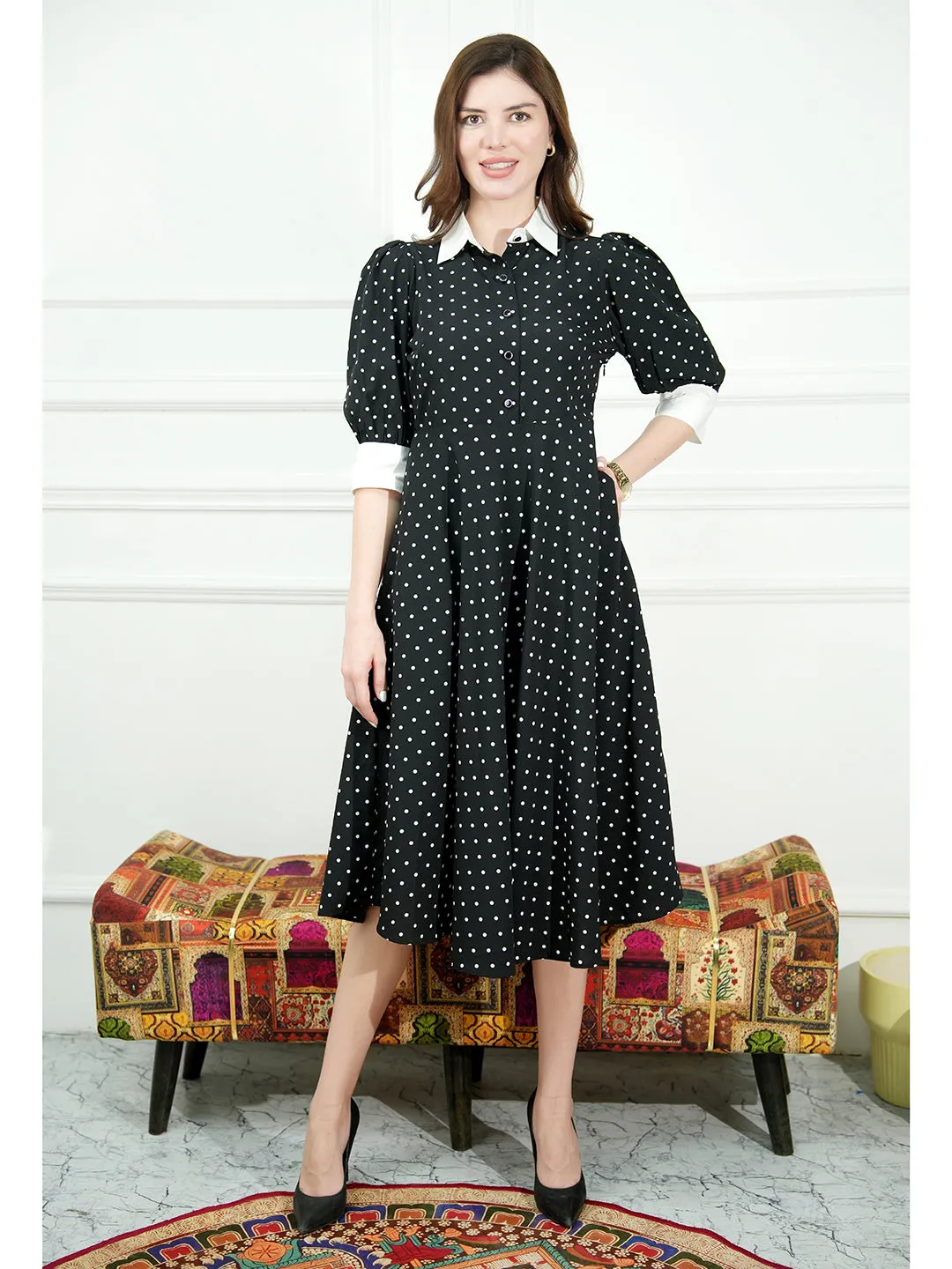 Exude Exploration Polka Dress With Pockets (Black)