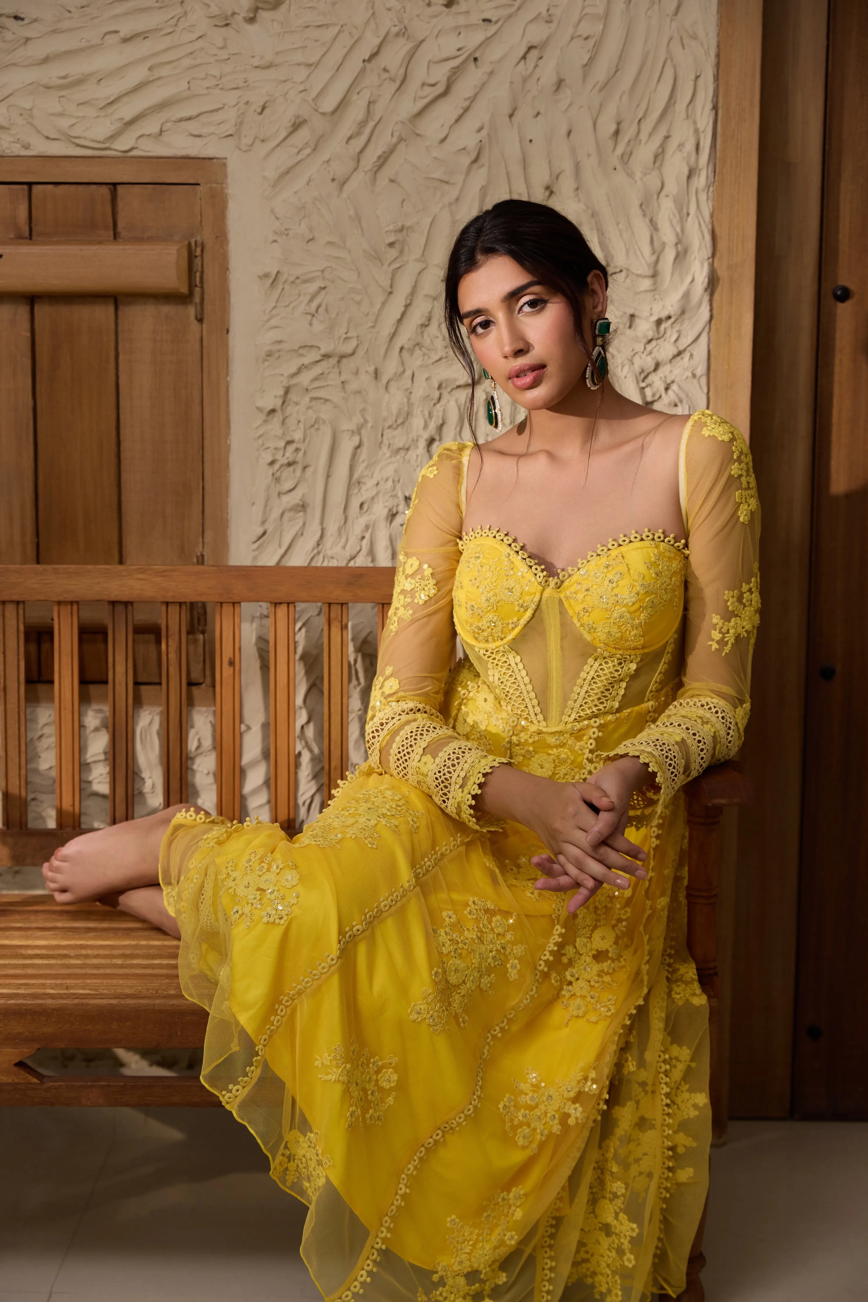 Fariha Yellow Embroidered Corset Anarkali Suit Set