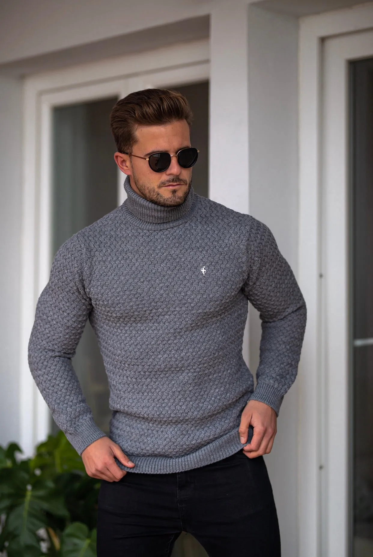 Father Sons Charcoal Knitted Roll Neck Weave Super Slim Sweater With Metal Decal - FSJ027