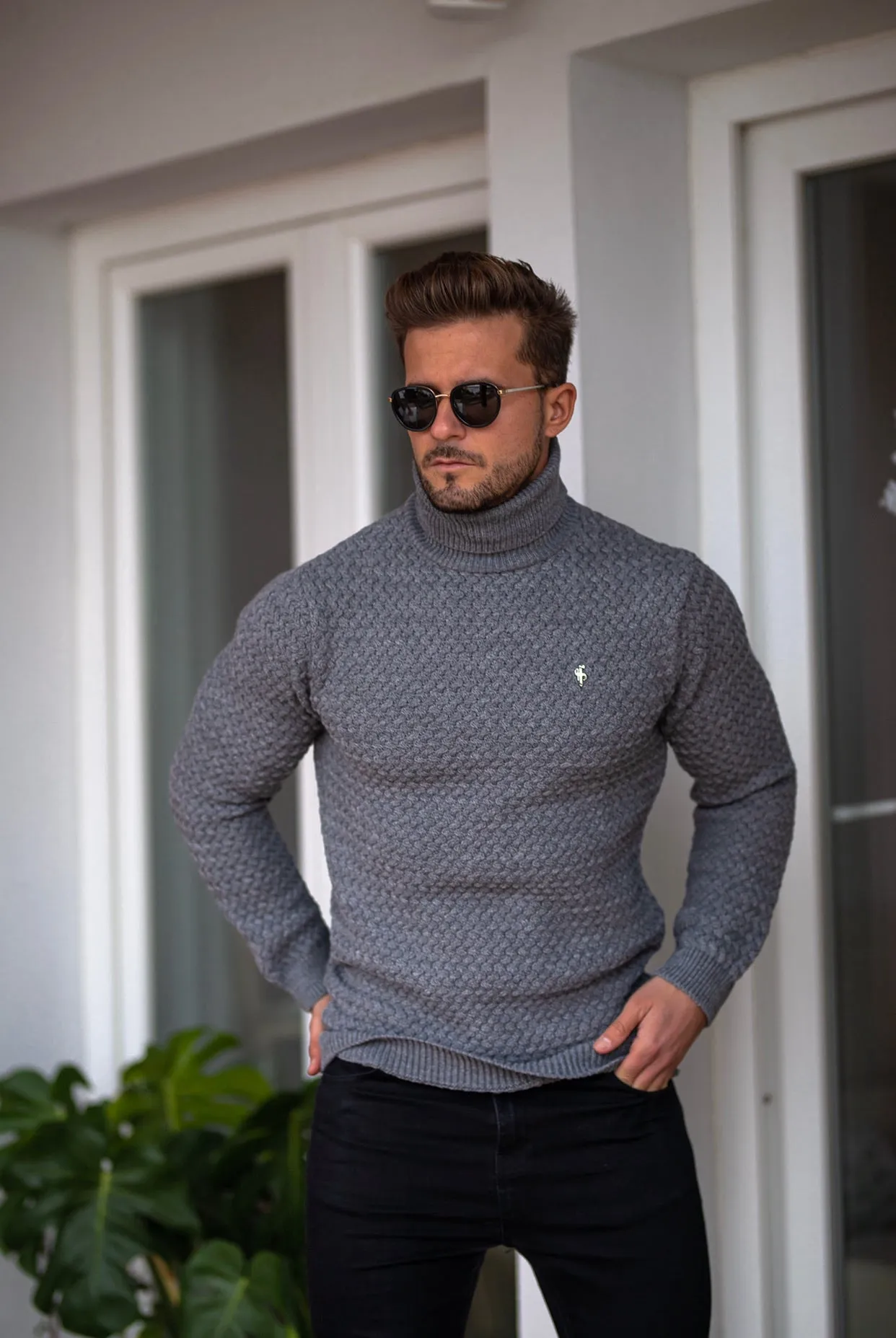 Father Sons Charcoal Knitted Roll Neck Weave Super Slim Sweater With Metal Decal - FSJ027