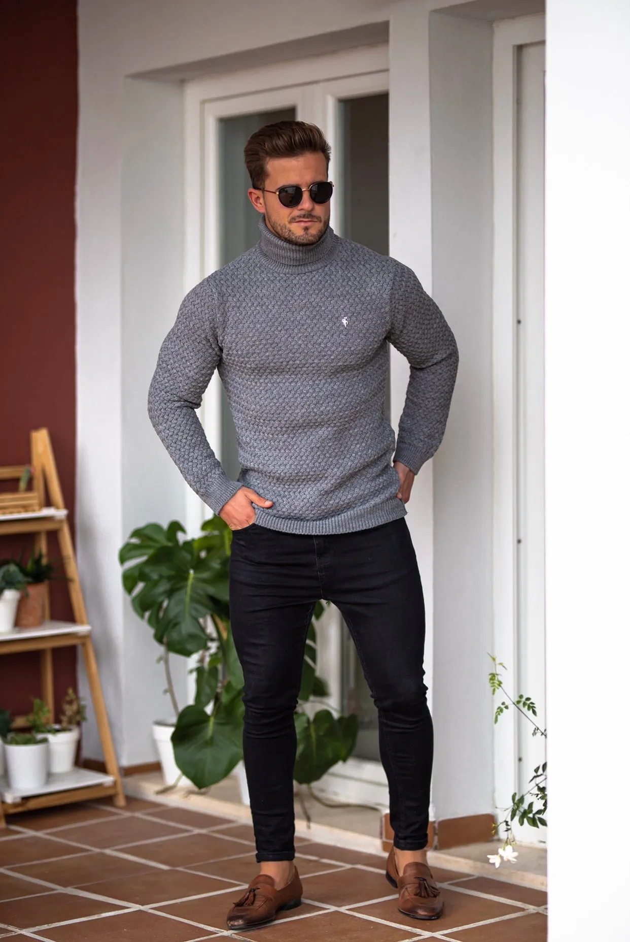 Father Sons Charcoal Knitted Roll Neck Weave Super Slim Sweater With Metal Decal - FSJ027