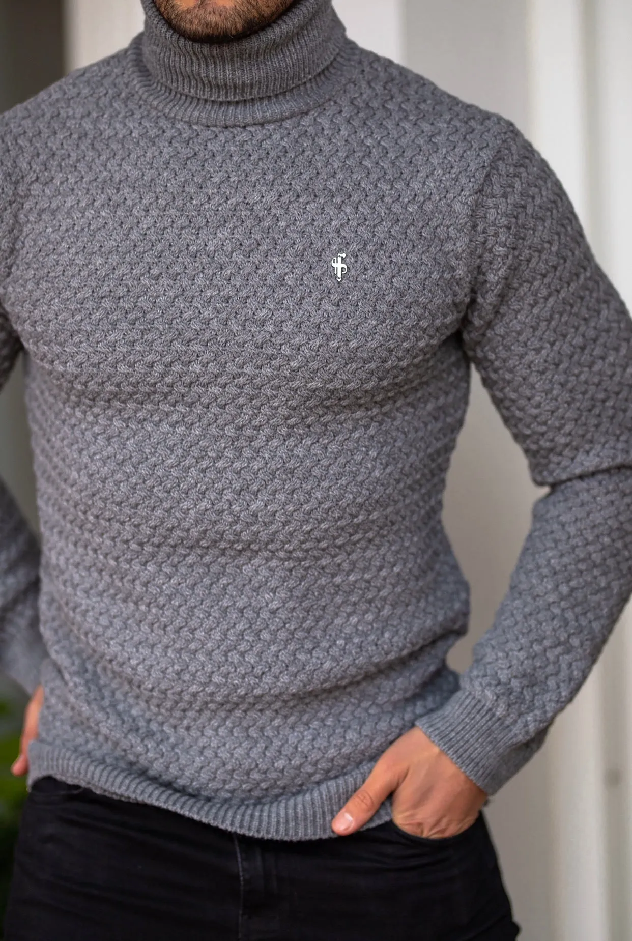 Father Sons Charcoal Knitted Roll Neck Weave Super Slim Sweater With Metal Decal - FSJ027