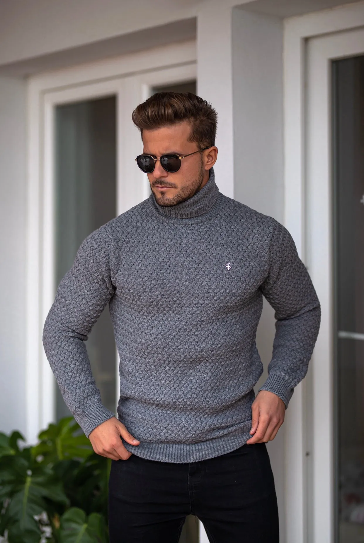 Father Sons Charcoal Knitted Roll Neck Weave Super Slim Sweater With Metal Decal - FSJ027