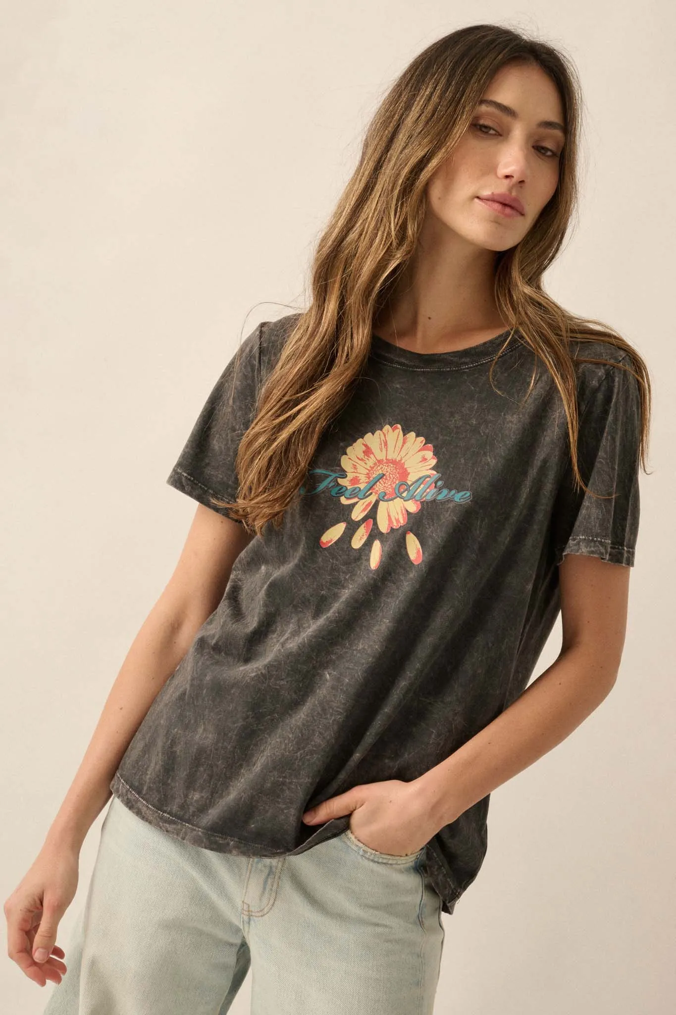 Feel Alive Vintage-Wash Flower Graphic Tee