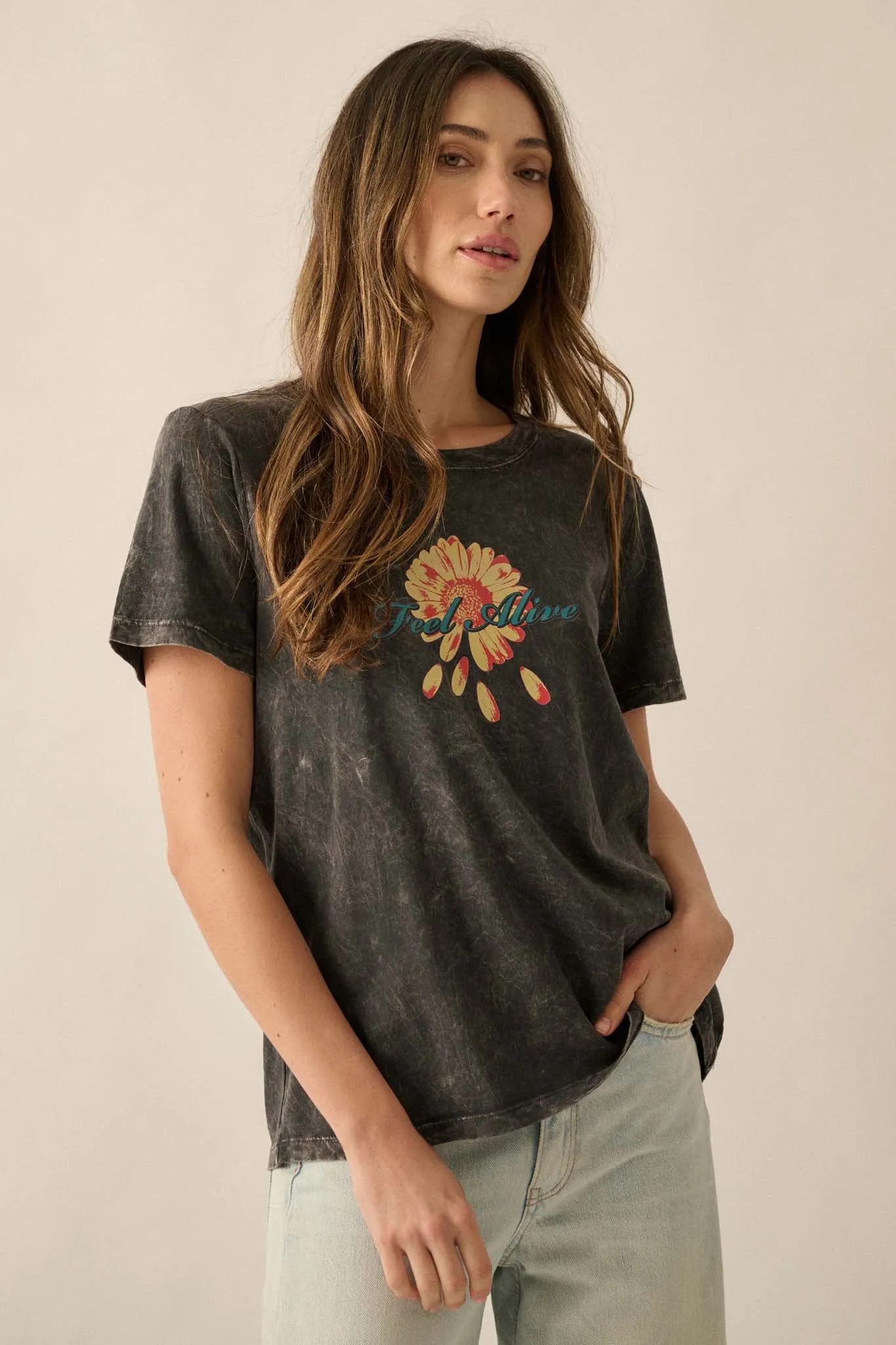 Feel Alive Vintage-Wash Flower Graphic Tee