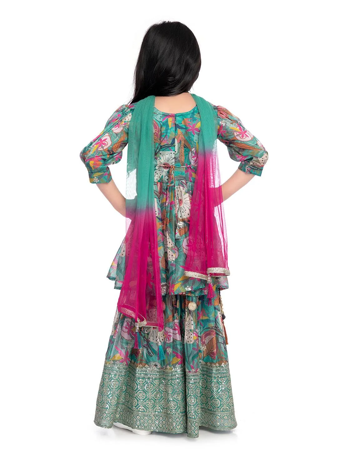 Festive Season: Green and Pink Floral Kurta with Sharara and Tassel Dupatta / Sharara Set For Girls Online