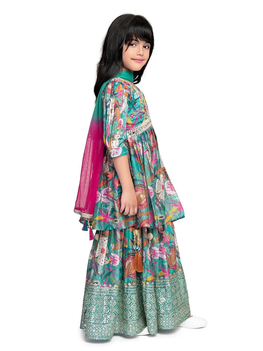 Festive Season: Green and Pink Floral Kurta with Sharara and Tassel Dupatta / Sharara Set For Girls Online