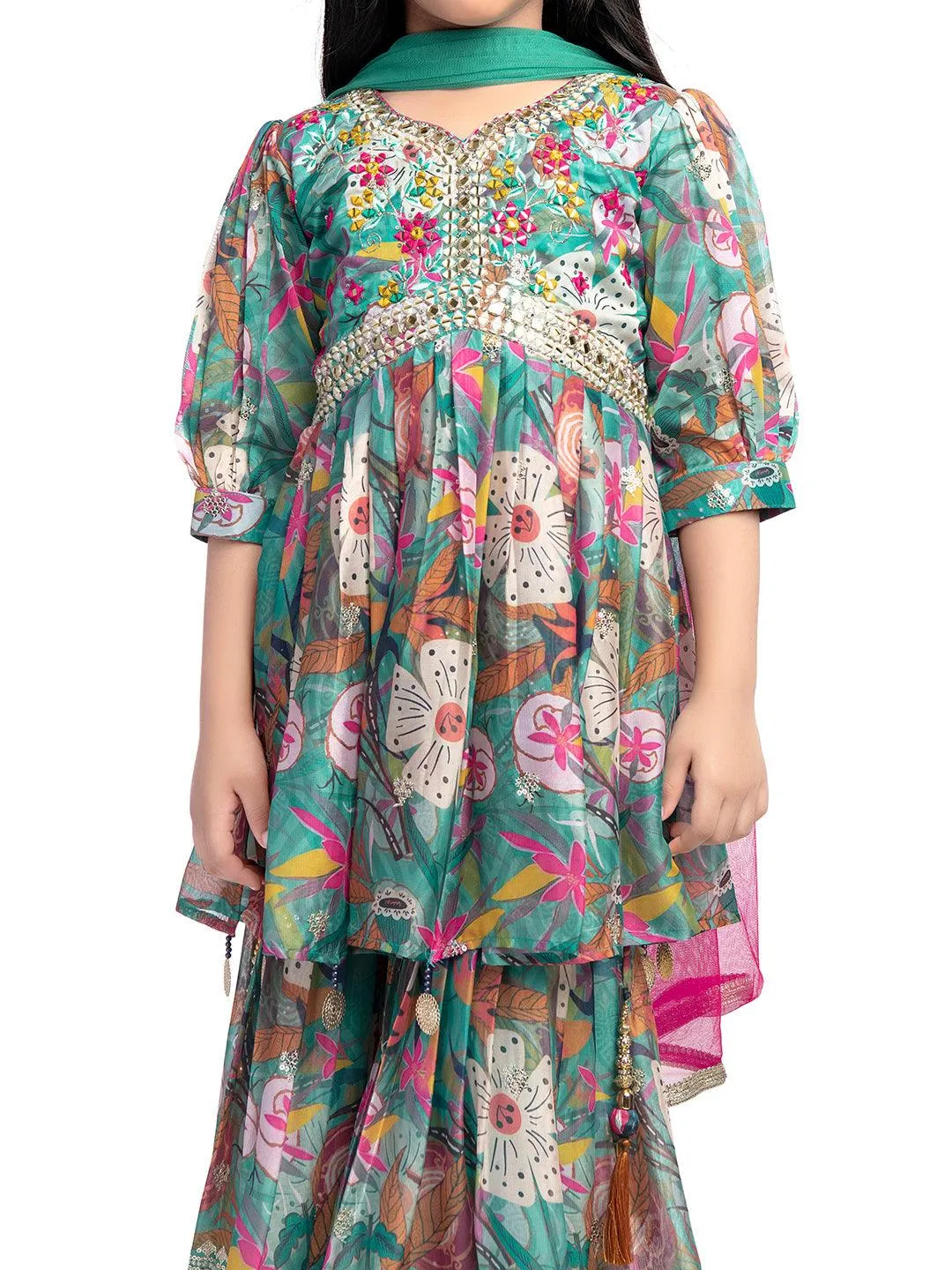 Festive Season: Green and Pink Floral Kurta with Sharara and Tassel Dupatta / Sharara Set For Girls Online