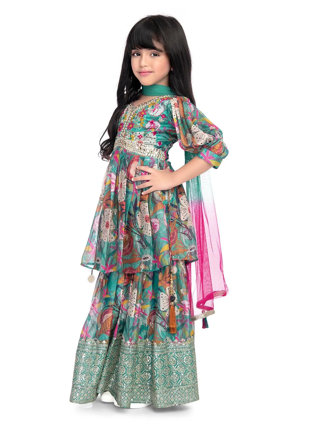 Festive Season: Green and Pink Floral Kurta with Sharara and Tassel Dupatta / Sharara Set For Girls Online