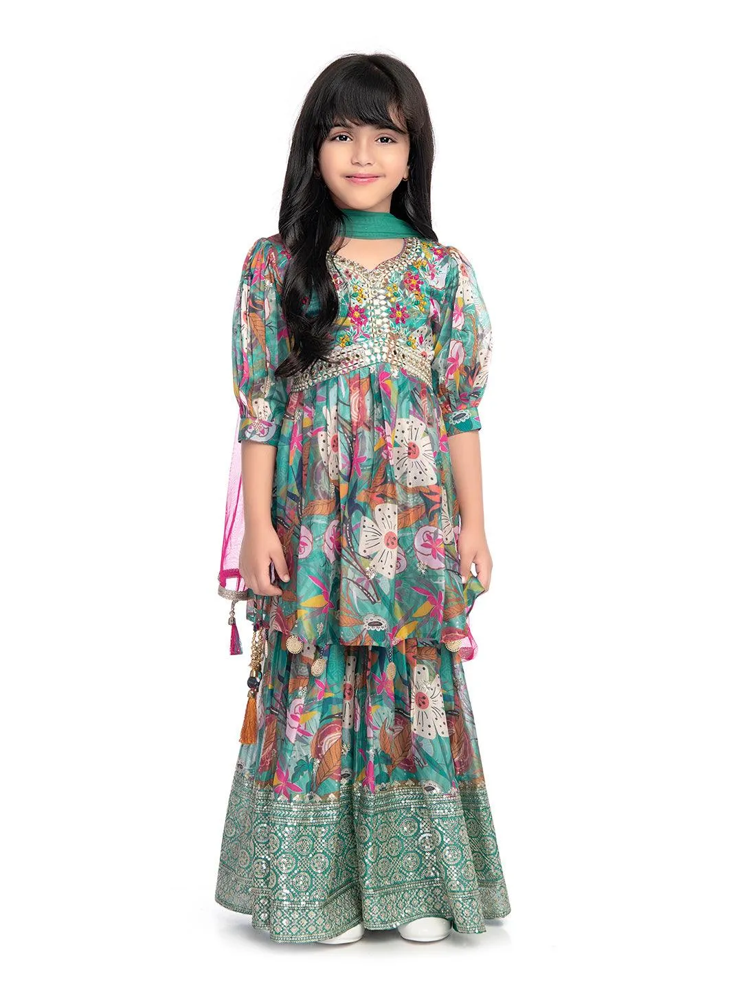 Festive Season: Green and Pink Floral Kurta with Sharara and Tassel Dupatta / Sharara Set For Girls Online